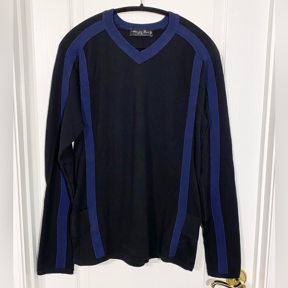 Y2K Kenneth Cole Merino Wool V Neck Sweater Italy Made Vintage Black Blue Medium